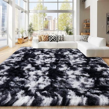 8x10 Area Rugs for Living Room Bedroom, Ultra Soft Fluffy Black and White Large Rug Carpet for Bedroom, Upgrade Non-Slip Fuzzy Shag Plush Rugs for Nursery Boys Girls Kids Room Modern Indoor Home Decor
