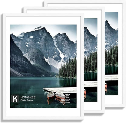 Hongkee 18x24 Frame Set of 3 - Display 16x20 Photo with Mat or 18 x 24 Poster without Mat, Wall Mounting Horizontal and Vertical, White