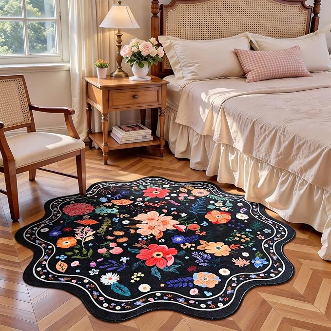 Macgace Black Round Rug for Girls Bedroom, 4ft Machine Washable Floral Area Rugs with Non Slip Backing, Cute Flower Carpet Kitchen Living Room Kids Playroom Decor