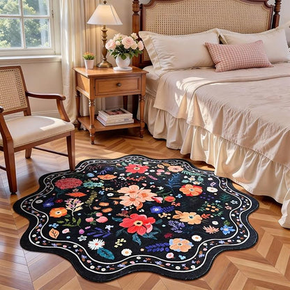 Macgace Black Round Rug for Girls Bedroom, 4ft Machine Washable Floral Area Rugs with Non Slip Backing, Cute Flower Carpet Kitchen Living Room Kids Playroom Decor