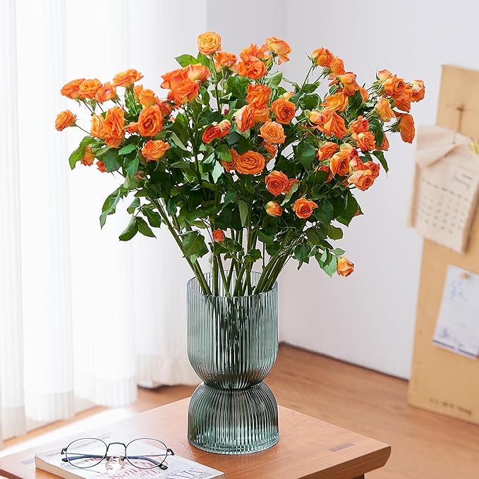 7.5 inch Vase for Flowers, Ribbed Thickened Glass Green Vases, Hourglass Bud Flower Vase for Bookshelf, Dinner Table, Indoor Office Desktop, Meeting Room, Bathroom, Home Decor, Christmas Decoration