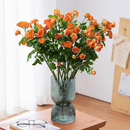 7.5 inch Vase for Flowers, Ribbed Thickened Glass Green Vases, Hourglass Bud Flower Vase for Bookshelf, Dinner Table, Indoor Office Desktop, Meeting Room, Bathroom, Home Decor, Christmas Decoration
