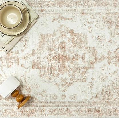 PureCozy Runner Rug 3x10 Cream Hallway Washable Beige Carpet Non Slip Vintage Medallion Beige Carpet Low Pile Soft Distressed Retro Indoor Long Rug for Entryway Kitchen Bathroom Laundry Bedroom
