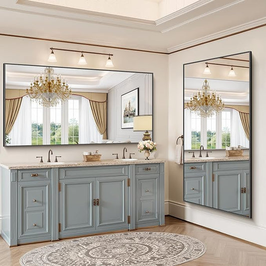 YIROMAN Bathroom Mirror 72"x36", Large Matte Black Bathroom Mirror for Over Sink with Aluminum Frame, Rectangular Vanity Mirror with Right Angle, Wall Mirror Hangs Horizontal or Vertical, Shatterproof