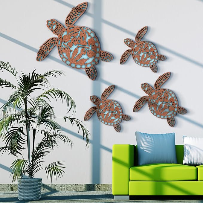 Tatuo 4 Pcs Wooden Sea Turtle Wall Decor Summer Ocean Turtle Wall Art Beach Theme Vintage Coastal Hanging Decoration for Home Lake House Bathroom