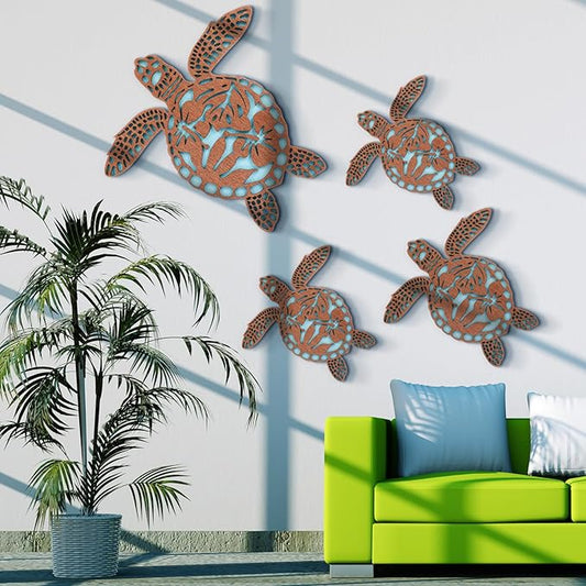 Tatuo 4 Pcs Wooden Sea Turtle Wall Decor Summer Ocean Turtle Wall Art Beach Theme Vintage Coastal Hanging Decoration for Home Lake House Bathroom