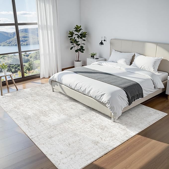 Area Rug 5x7 Living Room Rug Washable: No-Slip Abstract Soft Thin Large Light Brown Off-White Rugs, Indoor Floor Stain Resistant Modern Carpet for Bedroom Dining Room Farmhouse Nursery Home Office