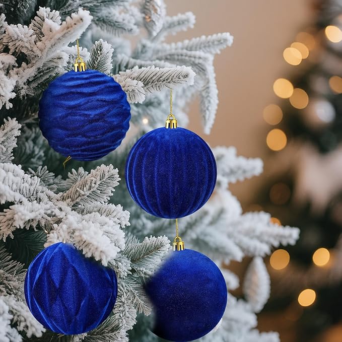 Liliful 12 Pcs Velvet Christmas Ornaments Balls, 4 Inch Flocked Plastic Christmas Tree Ball Shatterproof Hanging Ornaments Decorations for Xmas Tree Vintage Holiday Rustic Home Decor(Blue)