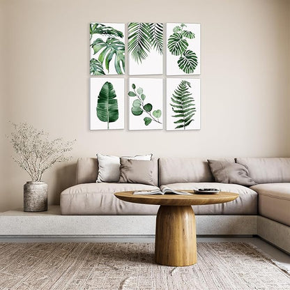 HoozGee Framed Botanical Wall Art Prints Built-in Wooden Frame Tropical Leaves Plant Leaf Canvas Print Wall Decor Green Wall Art Posters Bedroom Living Room Decor (24"x36" FRAMED)