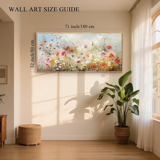 crmotu Floral Wall Art, Extra Large Wall Art, Flower Wall Decor, Oversized Framed Artwork for Walls, Colorful Wildflower Art Prints, Botanical Painting for Living Room Office Dining Room Hotel 32"x71"