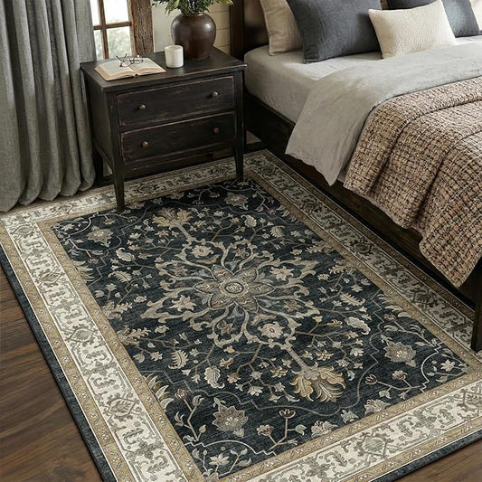 RELEANY Area Rugs 5'x7' Washable Non-Slip, Floral Vintage Distress Print Pattern Medallion Carpet for Living Room Bedroom Dining Room, Vintage Black Brown Neutral