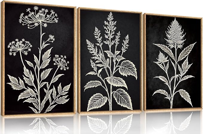 HPNIUB Black and White Leaves Framed Wall Art Set,Minimalist Flower Botanical Floral Wall Decor,Boho Sketch Elegant Leaf Art Print,Modern Wildflower Artwork for Living Room, Bedroom,Office-16''x24''x3