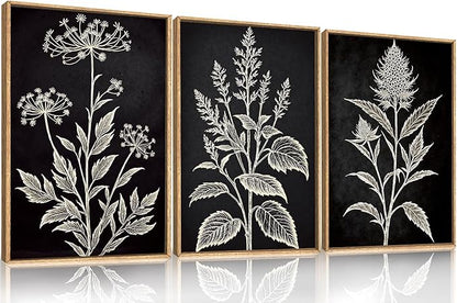 HPNIUB Black and White Leaves Framed Wall Art Set,Minimalist Flower Botanical Floral Wall Decor,Boho Sketch Elegant Leaf Art Print,Modern Wildflower Artwork for Living Room, Bedroom,Office-16''x24''x3