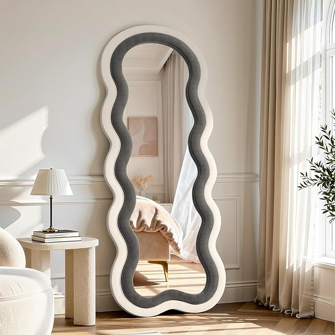Wavy Full Length Mirror, 63"×24" Full Body Mirror with Stand, Irregular Flannel Floor Mirror Hanging or Leaning Wall for Living Room/Bedroom/Dressing Room/Dorm,Ideal for Mom