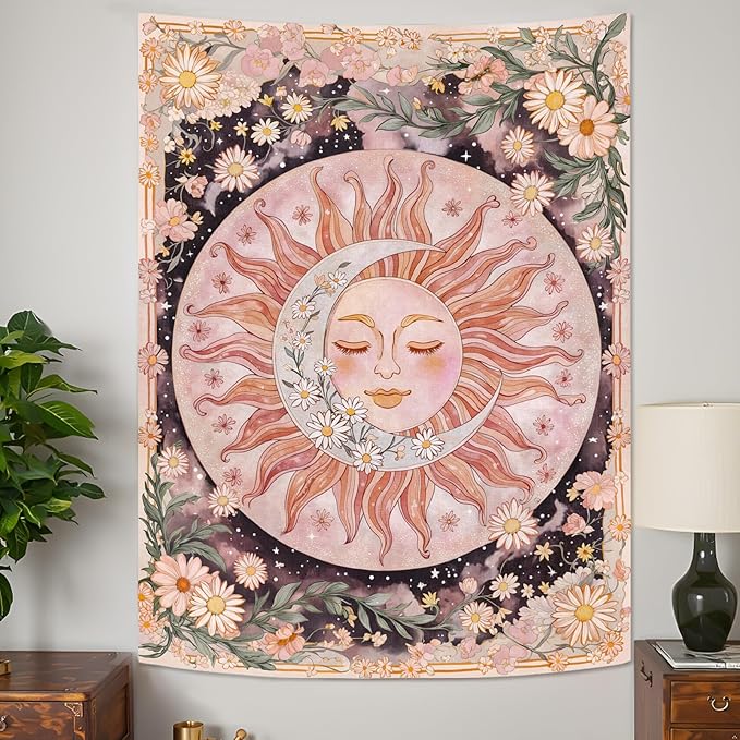 Neasow Sun Moon Daisy Tapestry, Boho Aesthetic Floral Wall Art, Pink Hippie Decor for Living Room Bedroom Home, Vertical 36x48 inches