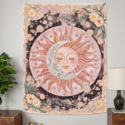 Neasow Sun Moon Daisy Tapestry, Boho Aesthetic Floral Wall Art, Pink Hippie Decor for Living Room Bedroom Home, Vertical 60x80 inches