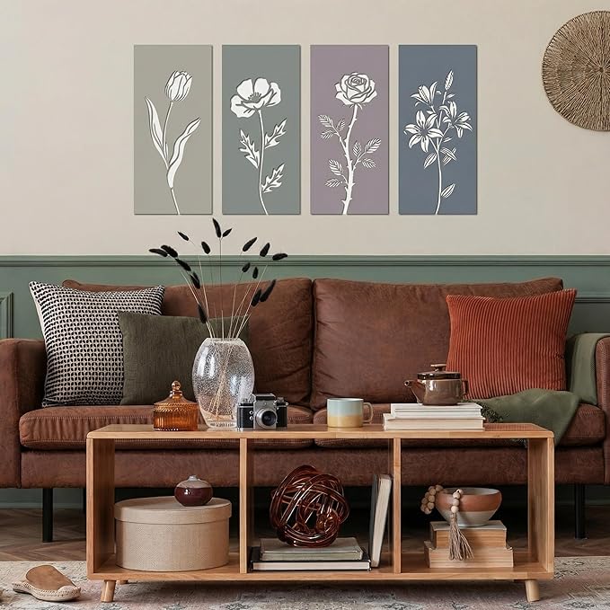Sanwarm 4 Pieces Metal Wall Decor, Floral Botanical Minimalist Metal Wall Art Sage Boho Hanging Decoration for Home Bathroom Living Room Bedroom Garden Office Housewarming Gifts