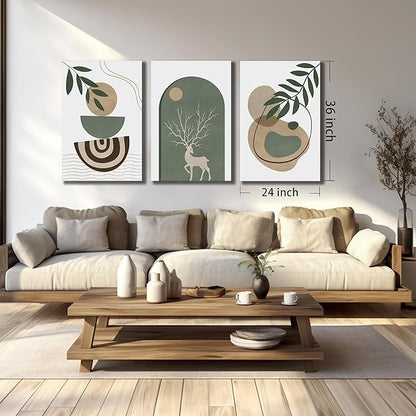 Boho Sun Canvas Wall Art Set of 3, Neutral Abstract Minimalismt Bohemian Geometric & Botanical Plants Pictures Prints Artwork Paintings Wall Decor for Bedroom Living Room Home Decoration 24x36 inches