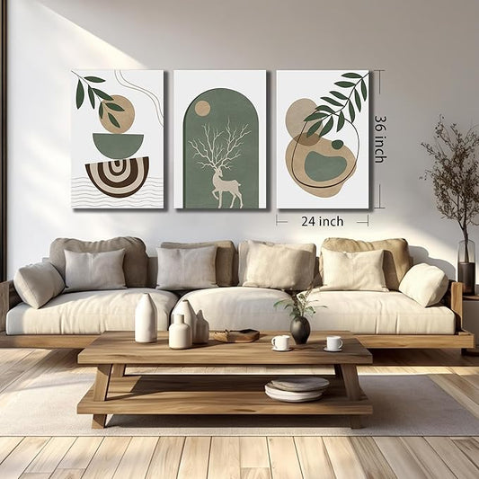 Boho Sun Canvas Wall Art Set of 3, Neutral Abstract Minimalismt Bohemian Geometric & Botanical Plants Pictures Prints Artwork Paintings Wall Decor for Bedroom Living Room Home Decoration 24x36 inches