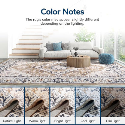 Lessymo 2 x 6 Runner Rug- Machine Washable Area Rugs Boho Faux Wool Low Pile Area Rug for Bedroom, Floral Medallion Vintage Rugs with Non-Slip Rubber,Brown Beige
