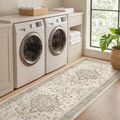 Runner Rug Kitchen Washable Rugs: 2x5 Non-Slip Boho Soft Vintage Stain Resistant Indoor Floor Neutral Farmhouse Throw Carpet for Hallway Bathroom Laundry Room Entryway Bedroom- Brown