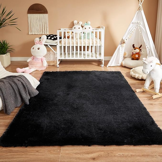 Floralux 5x7 Rug for Bedroom in Black, Ultra-Soft Fluffy Shag Area Rugs for Living Room, Modern Non-Slip Shaggy Floor Carpet for Teens Dorm, Bedside, Playroom, Nursery, Home Decor Aesthetic