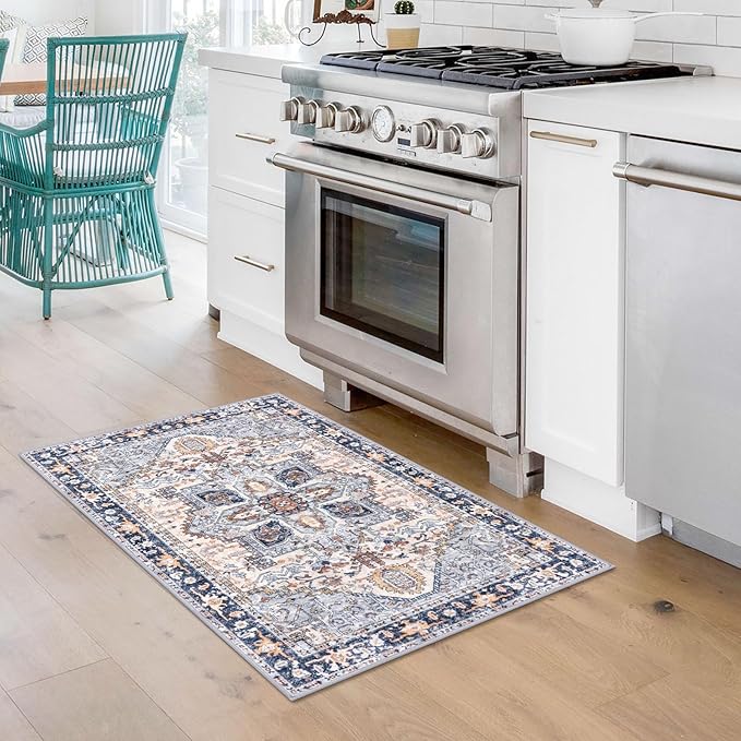 KOZYFLY Small Area Rug 2x3 Ft Rugs for Entryway Washable Boho Entry Rug Non Slip Door Mat Indoor Entrance Faux Wool Vintage Printed Kitchen Rug Throw Rugs for Entrance Kitchen, Blue Gray/Cream