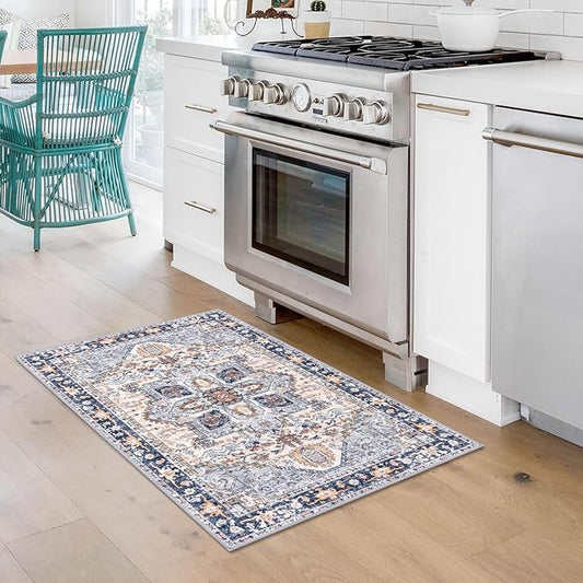 KOZYFLY Small Area Rug 2x3 Ft Rugs for Entryway Washable Boho Entry Rug Non Slip Door Mat Indoor Entrance Faux Wool Vintage Printed Kitchen Rug Throw Rugs for Entrance Kitchen, Blue Gray/Cream