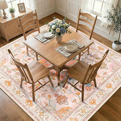 RELEANY Area Rugs Square 7ft Washable Non-Slip, Floral Vintage Distress Print Pattern Medallion Carpet for Living Room Bedroom Dining Room, Light Pink Colorful