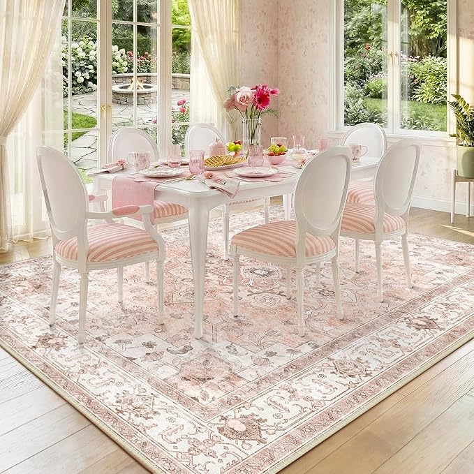 CAPALOCA Machine Washable Rugs Nursery Rug 8x10 Cute Girl Non Slip Low Pile Water Repellent Soft Print Pattern for Bedroom Indoor Decor Kids Playroom Pink