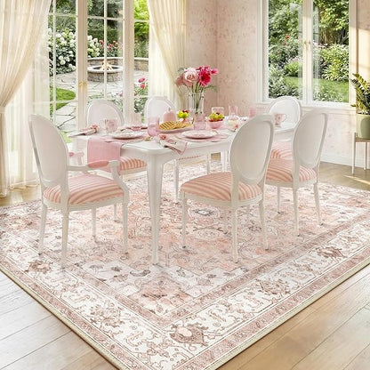 CAPALOCA Machine Washable Rugs Nursery Rug 8x10 Cute Girl Non Slip Low Pile Water Repellent Soft Print Pattern for Bedroom Indoor Decor Kids Playroom Pink
