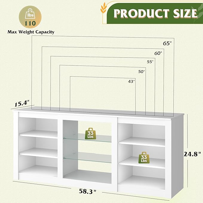 WLIVE Modern TV Stand for 65 Inch TV, Entertainment Center with Adjustable Open Shelves & RGB LED Lights, Sturdy Media Console for Living Room, Bedroom,Gaming (White)