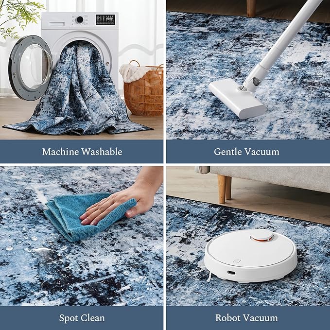 Rugflix Round Area Rugs 8Ft for Living Room, Washable Circle Rug Stain-Resistant Low Pile, Modern Dark Carpet for Bedroom Dining Room Home Office Kid Nursery Room, Navy Blue/Black
