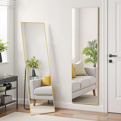 Aluminum Frame Mirror, 59"x16" Full Length Mirror with Stand, Free Standing Leaning Mirror Hanging Mounted Mirror for Bathroom Living Room, Gold