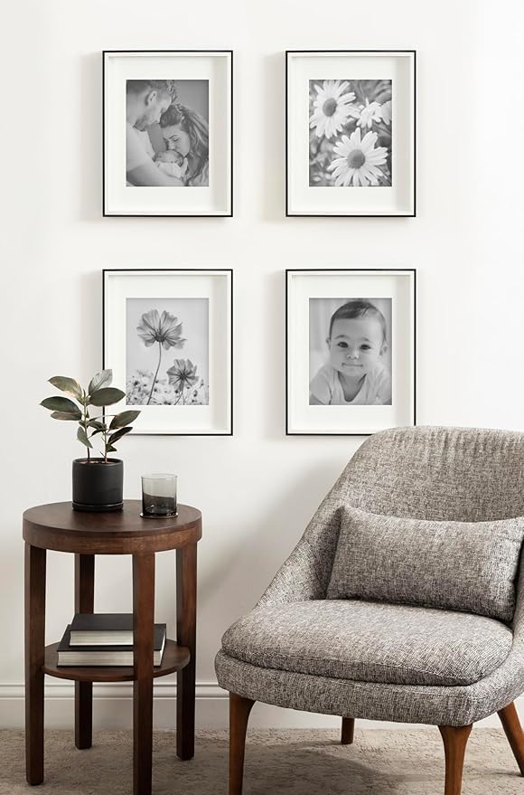 Kate and Laurel Gibson Modern Wall Picture Frame Set of 4; 11x14 matted to 8x10; Black and White; Four-Piece Frame Set for Use as Gallery Wall Frame Set in Living Room Wall Décor