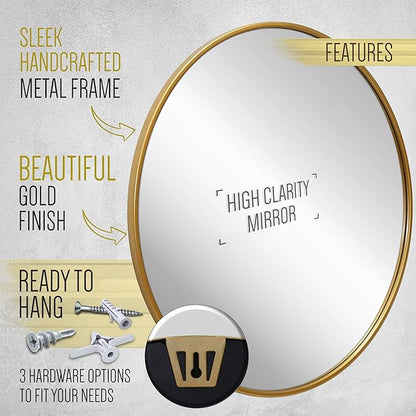 Gold Circle Wall Mirror 24 Inch Round Wall Mirror for Entryways, Washrooms, Living Rooms and More (Gold, 24")