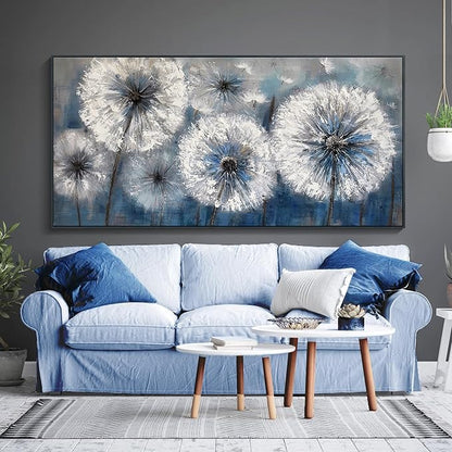 Framed Blue Dandelion Wall Art Decor Canvas Print Picture for Living Room White Flower Flora Plant Home Bedroom Painting Decoration Modern Framed Artwork size 24x48