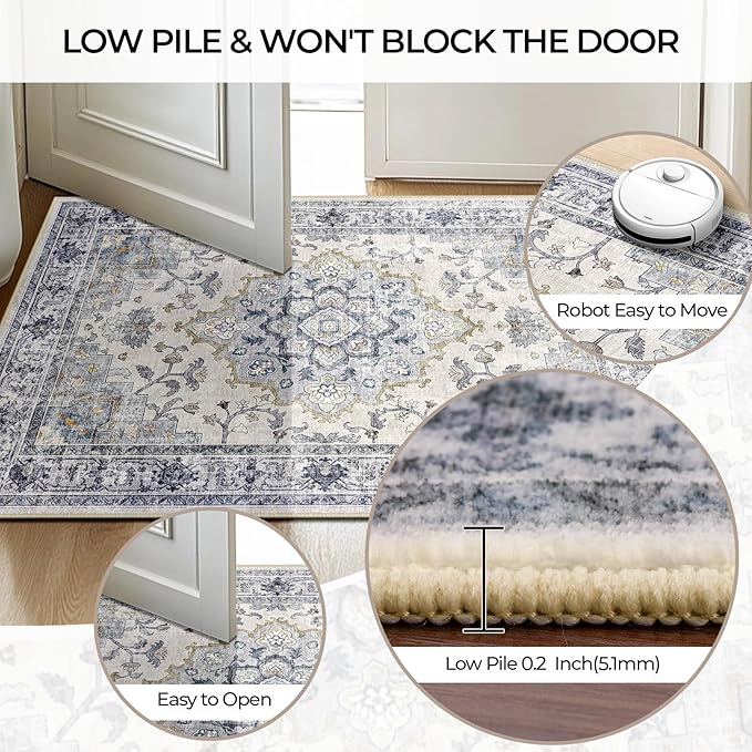 CAPALOCA Machine Washable Rugs Nursery Rug 5x7 Cute Girl Non Slip Low Pile Water Repellent Soft Print Pattern for Bedroom Indoor Decor Kids Playroom Blue White