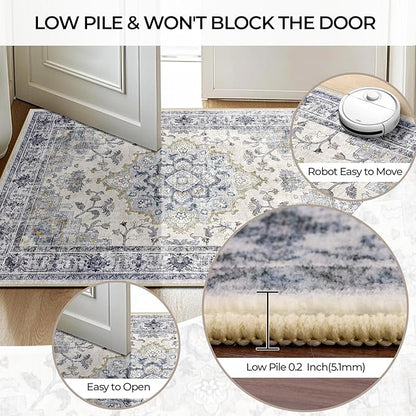 CAPALOCA Machine Washable Rugs Nursery Rug Sq8ft Cute Girl Non Slip Low Pile Water Repellent Soft Print Pattern for Bedroom Indoor Decor Kids Playroom Blue White