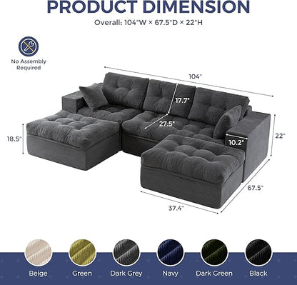 MAXYOYO 104" U Shaped Modular Sectional Sofa with 2 Ottomans, Cloud Boneless Couch with Layered Cushion, Flexible Module Combination Sofa for Living Room, No Assembly Required, Dark Grey