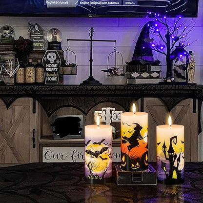 Halloween Flameless LED Candles Battery Operated with Remote and Timer, Real Wax Flickering Pillar Candles 3D Wick Dimmable Light Castle Witch Bats Halloween Decor(3 Pack, 3 x 6 Inches)