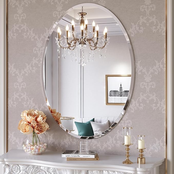 Frameless Oval Mirror, 24x32 Inch Beveled Bathroom Mirrors for Over Sink, Tempered Glass Oval Mirrors for Vanity, Living Room, Bedroom, Entryway