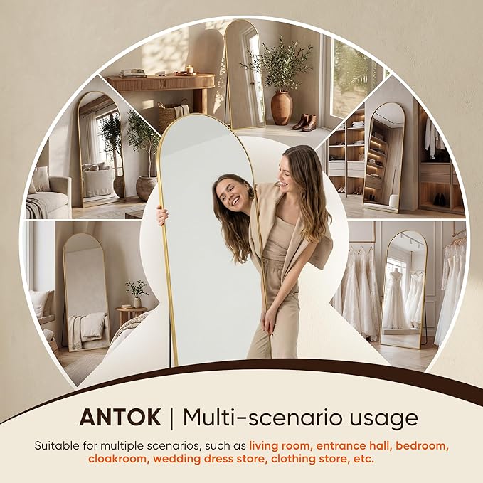 Antok 76" x34” Arched Full Length Floor Mirror, Gold Aluminum Frame, Free Standing/Wall Mount/Leaning for Bedroom, Living Room, Dressing Room
