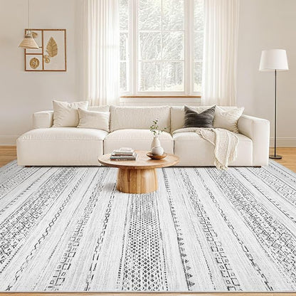 Nakagishi 9x12 Area Rug Living Room: Washable Boho Large Neutral Modern Soft Farmhouse Rugs Stain Resistant Indoor Floor Non-Slip Carpet for Bedroom Nursery Kids Playroom Office Dining Room- Grey