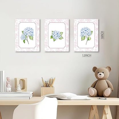 Blue Hydrangea Wall Art Set of 3, Preppy Blue Hydrangea Canvas Prints Poster Picture, Floral Aesthetic Wall Decor for Teen Girls Bedroom Dorm Apartment 12x16 Inch Framed