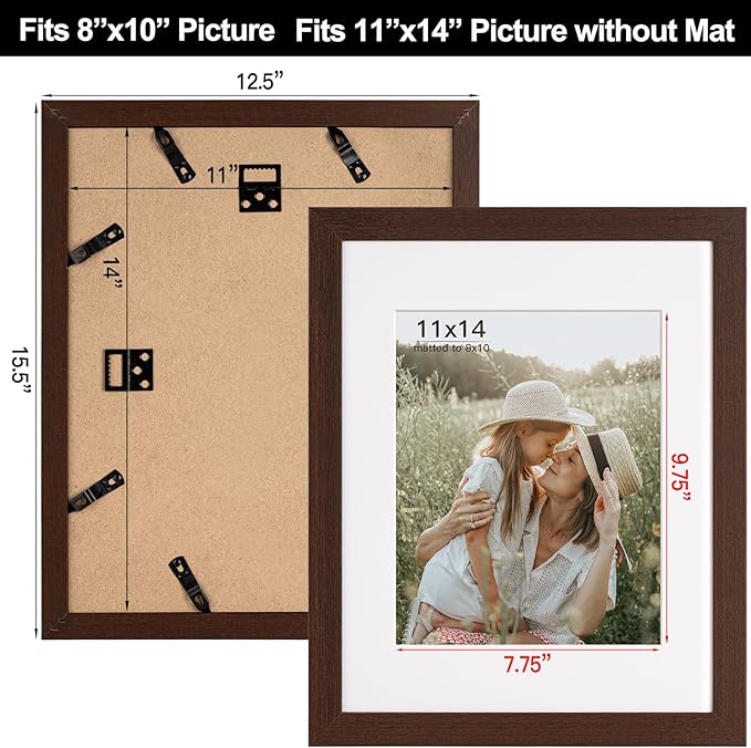 Momentworth 11x14 Picture Frame with Mat for 8x10 Set of 4, Walnut Wood Grain 11 x 14 Dark Brown Gallery Wall Picture Frames for Wall Mounting(4 Pack, Walnut)