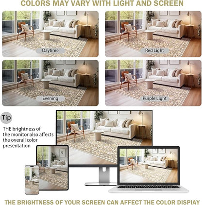 Floral Area Rug 5x7 Washable Vintage Non Slip Living Room Rug Soft Low Pile Stain Resistant Rugs for Girls Bedroom Dining Room Laundry Indoor, Beige/Multi