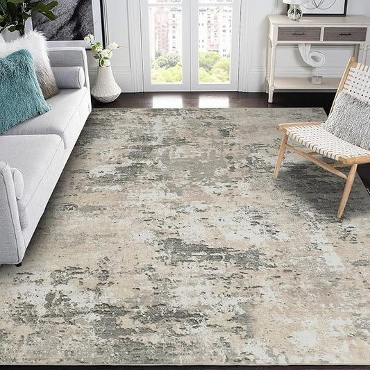 ROYHOME Modern Abstract Area Rug 9x12 Non Slip Non Shedding Rug Low Pile Stain Resistant for Bedroom Living Room,Grey Yellow