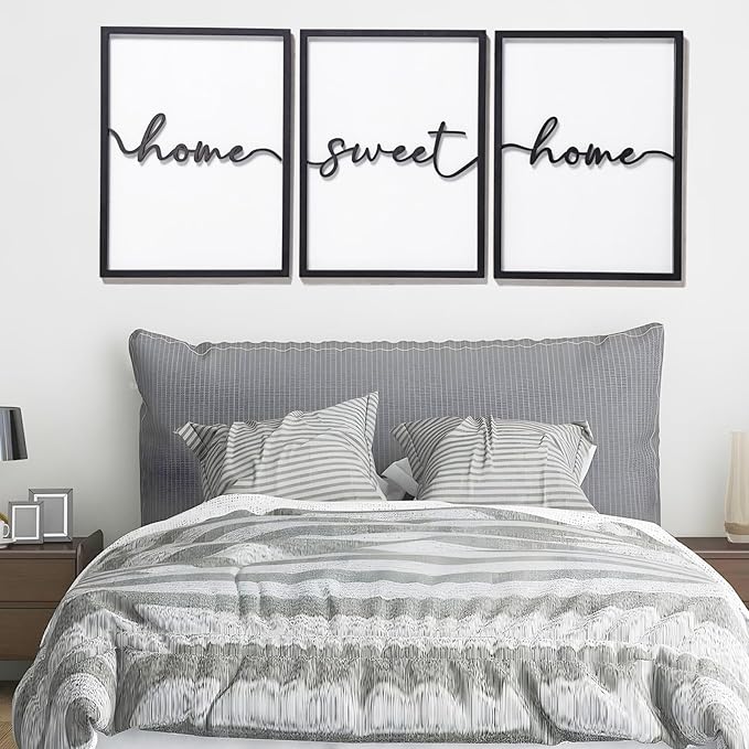 3D Wood Home Sweet Home Wall Art, Modern Home Sweet Home Sign for Large Living Room Wall Decor(Ready to Hang, Set of 3, 12x16 Inch, Framed)