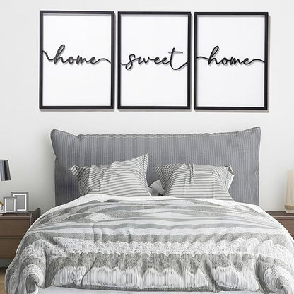 3D Wood Home Sweet Home Wall Art, Modern Home Sweet Home Sign for Large Living Room Wall Decor(Ready to Hang, Set of 3, 12x16 Inch, Framed)